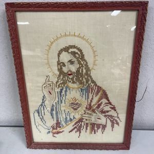 Vintage needle work cross stitch Jesus framed wall art BLHN